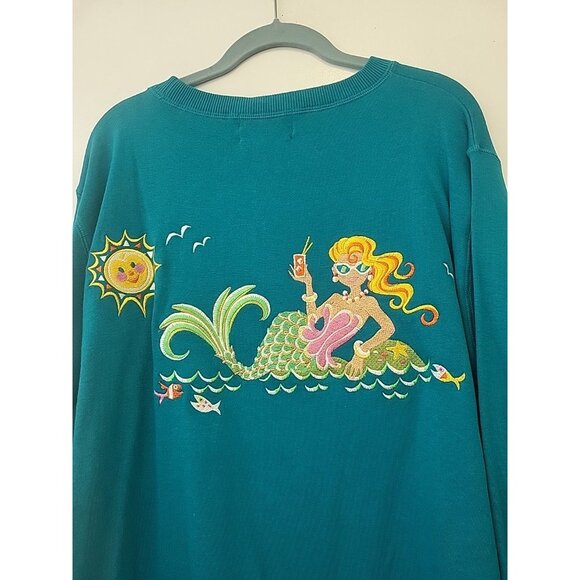 Bob Mackie Sweatshirt Top Crew Neck Embroidered Mermaid Parasol Teal 2X NWT - Picture 6 of 9